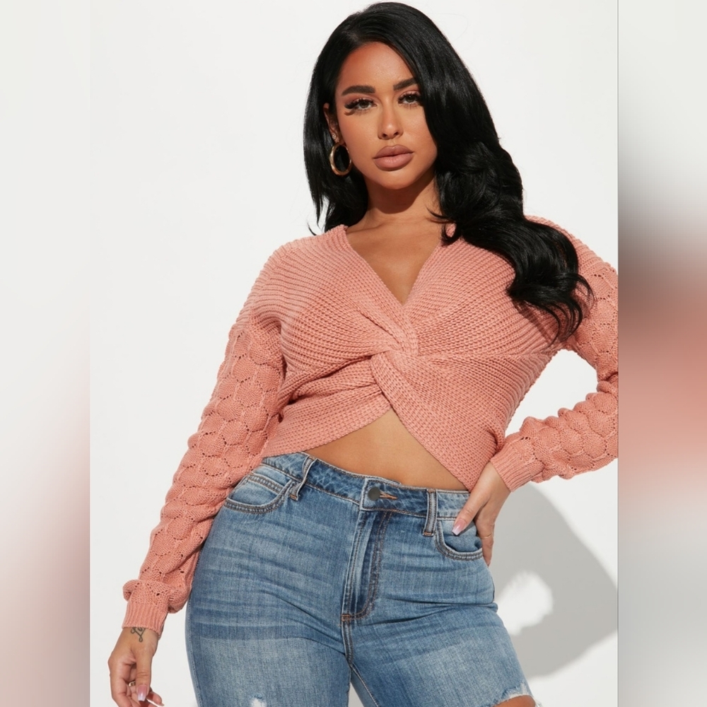 Fashion Nova Coral Twist-Front V-Neck Sweater